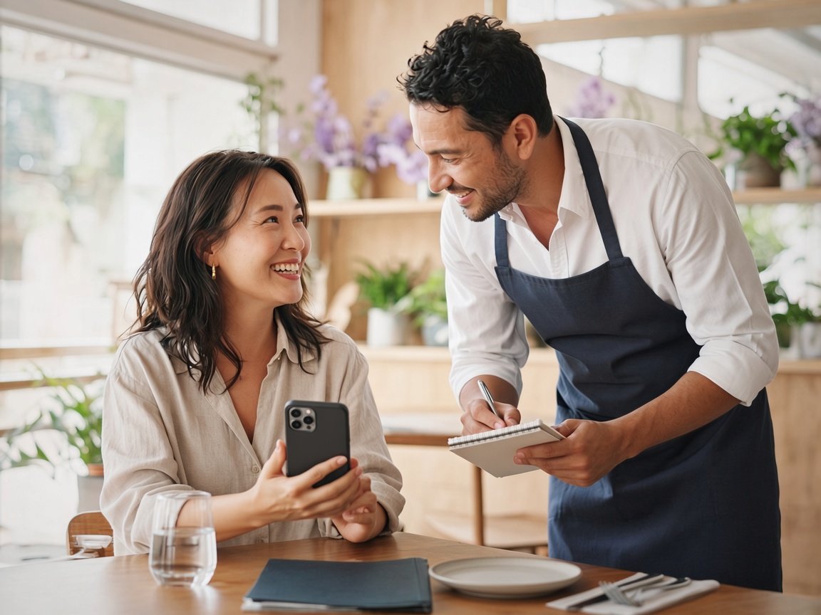 A diner shows her phone to a smiling server, who leans in to listen